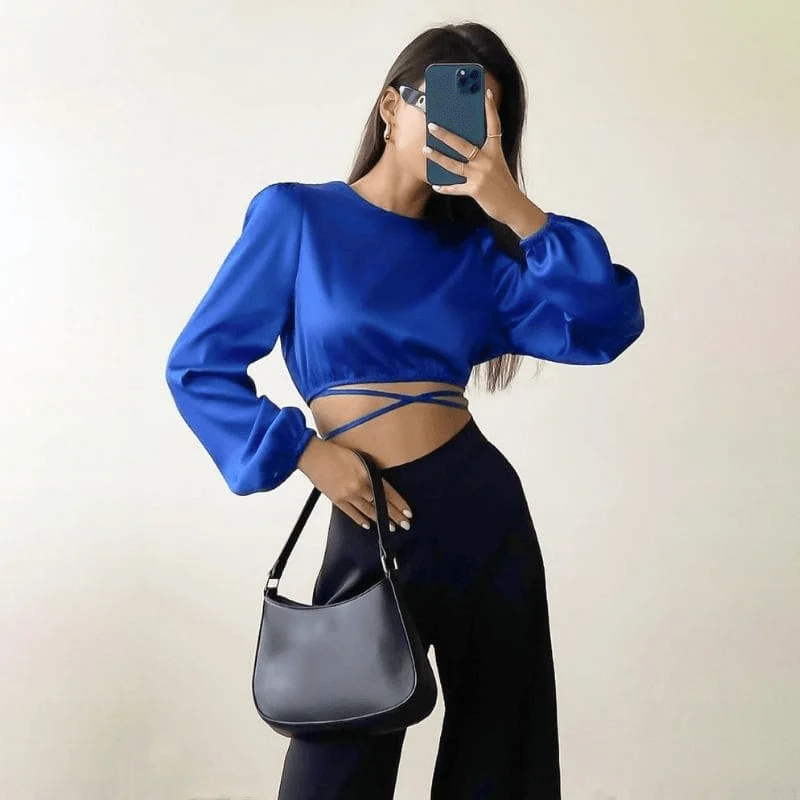 Major Savings trendy dressSatin Blue Long Sleeve Top