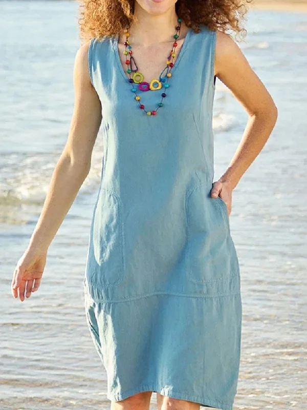 Warehouse Sale O Neck Sleeveless Pocket Solid Color Loose Cotton Linen Midi Dreses