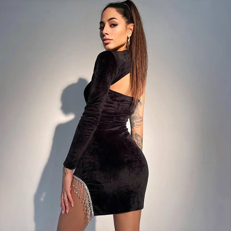Buy More, Save More trendy bodycon dressBerriesJam - Asymmetrical Tassel Velvet Hollow Out Mini Dress