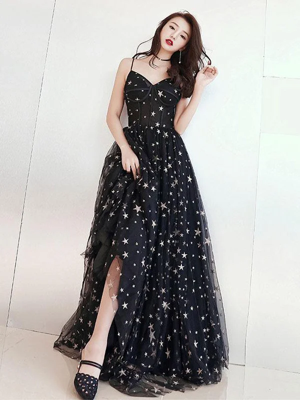 Price Slash Chic Prom Dresses A-line Floor-length Star Lace Beautiful Long Black Prom Dress JKL1384