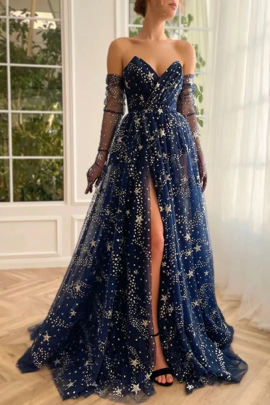 One-DAY Sale Beautiful Strapless Tulle Long Prom Dress, A-Line Dark Navy Evening Dress
