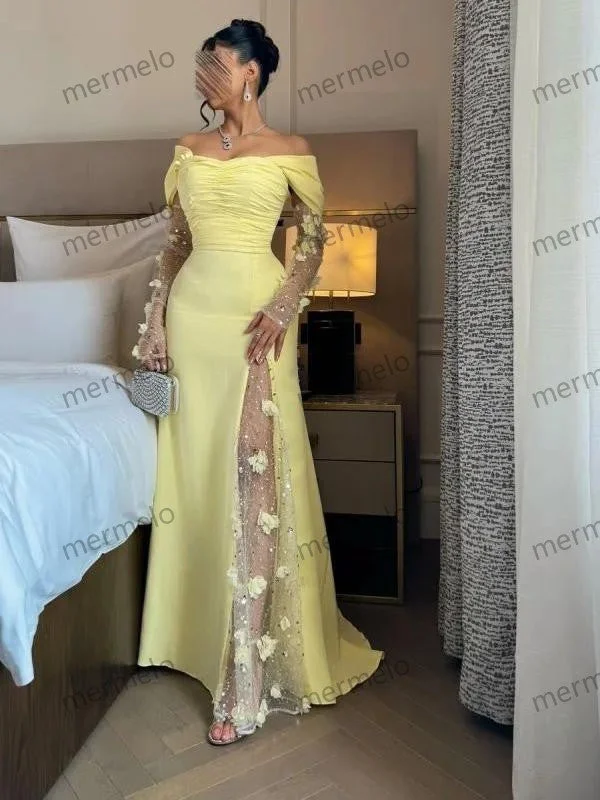 Overstock shift dressYellow Modern & Chic Sheath Off Shoulder Long Tulle Sleeves Floor Length