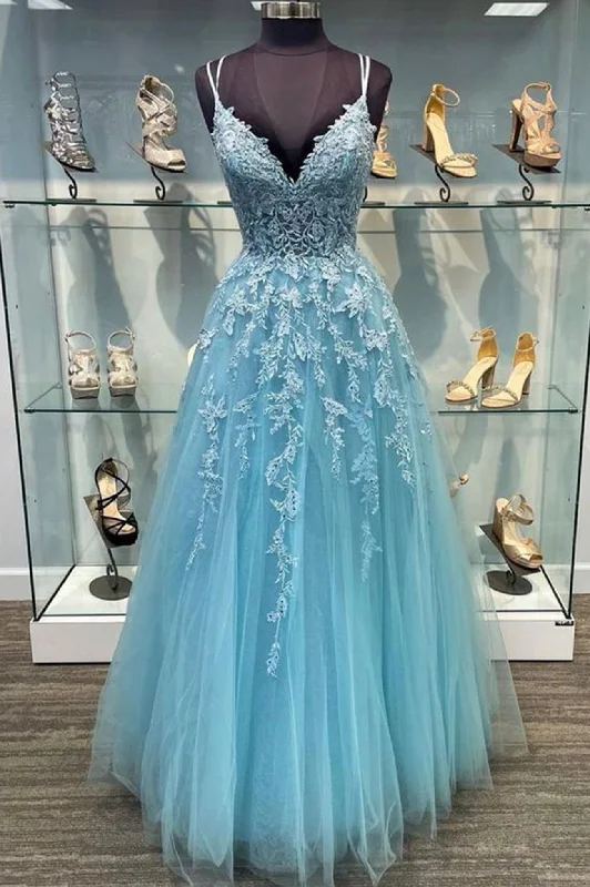Deal of the Week Blue Spaghetti Strap Tulle Lace Long Prom Dress