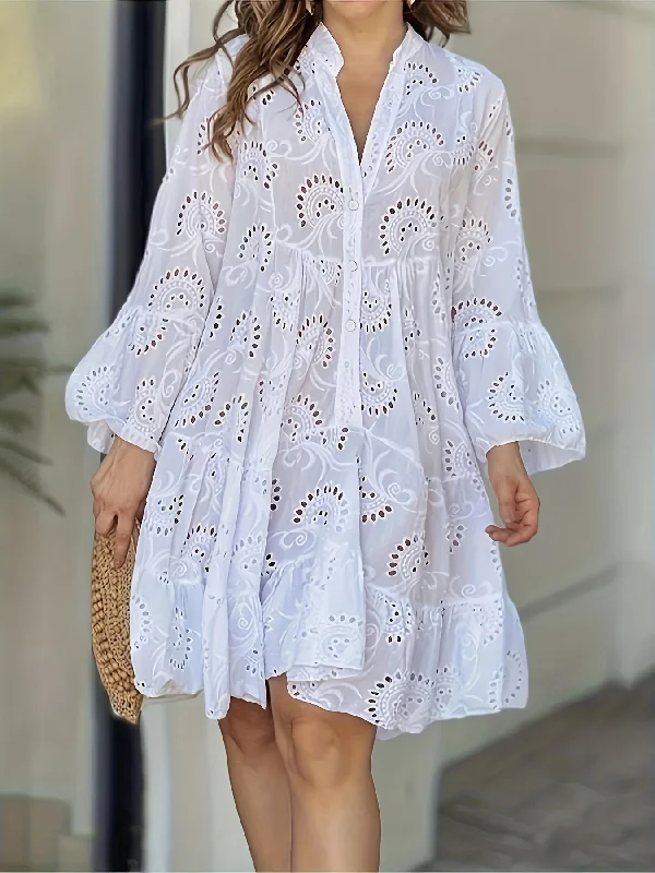 Exclusive Preview Hollow Ruffle Hem Dress, Elegant Solid V Neck Flared Sleeve Dress