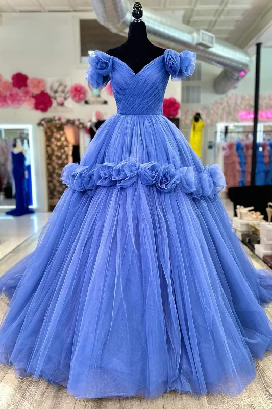 Stock Clearance Blue V-Neck Tulle Long Prom Dress with Flowers, Blue Off Shoulder Formal Dress
