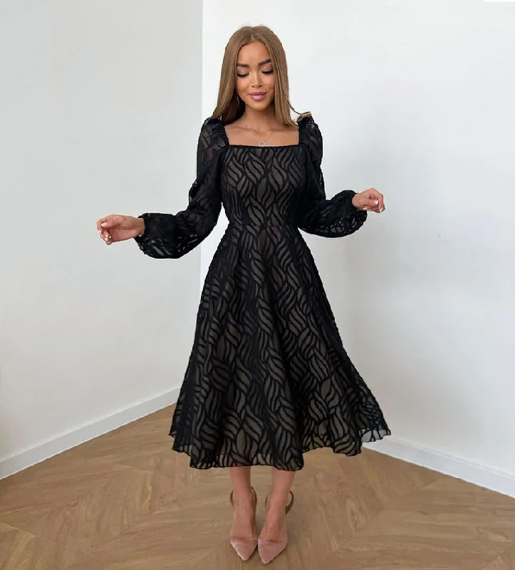 BerriesJam - Lantern Sleeve Jacquard Black A-Line Dress