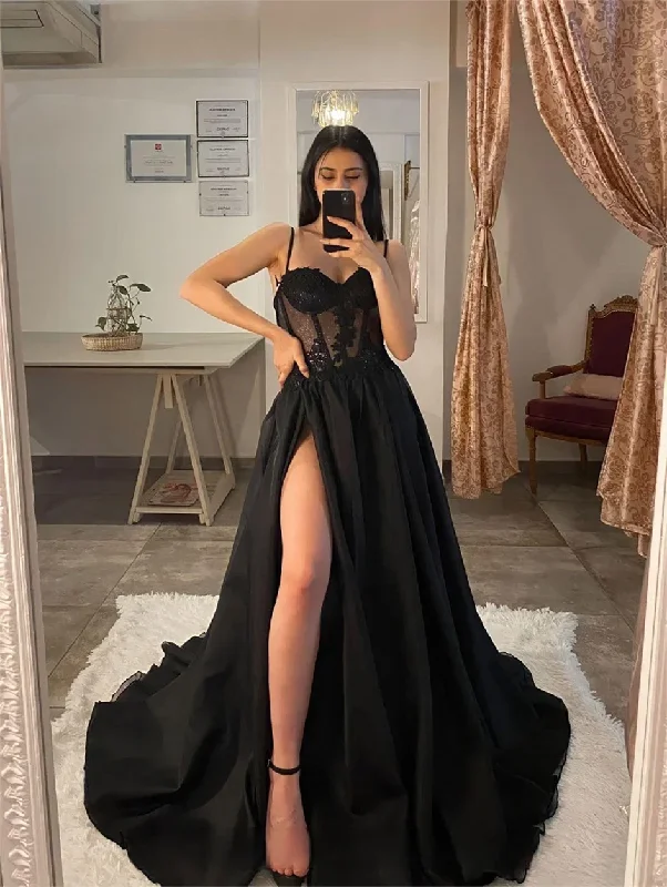 Shiny Tulle Evening Dress 2024 Sexy Black V-Neck StrapLlace Applique Party Dress A-line High Side Slit Formal Occasion Prom Gown