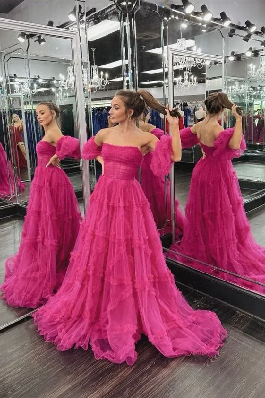 Season Finale Sale sophisticated dressFuchsia Strapless Tulle A-line Ruffles Long Prom Dress Y5883