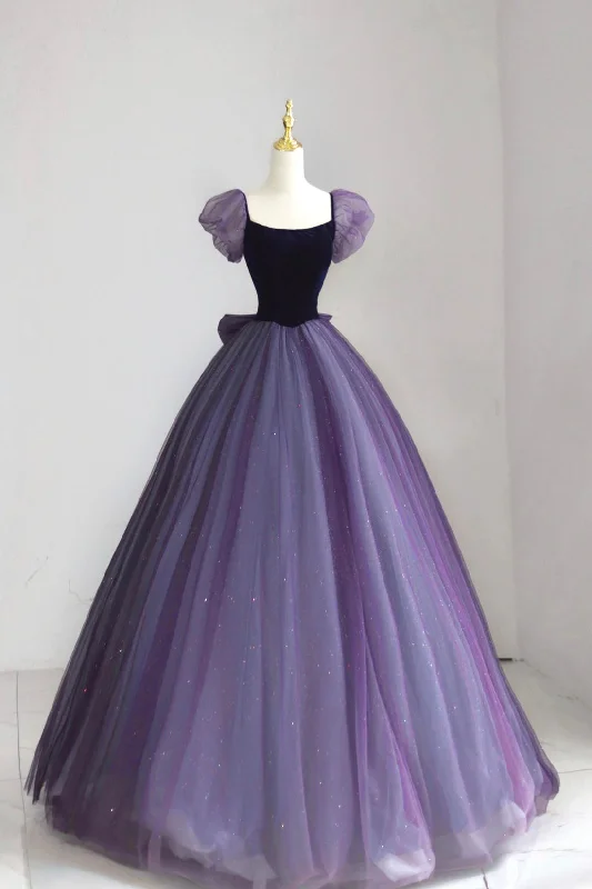 Exclusive Deal Beautiful Velvet Tulle Long Prom Dresses, Purple Short Sleeve Evening Dresses