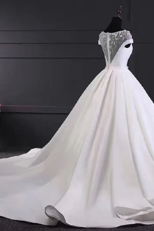 Low Prices Chic Round Neck Lace Satin Short Sleeves Long Ball Gown Wedding Dresses