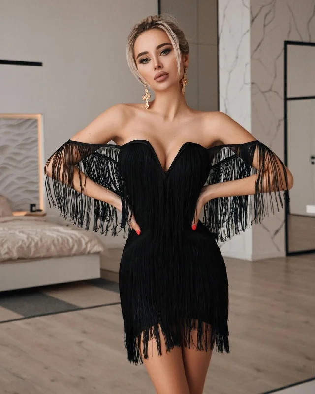 Amazing Deals textured dressBerriesJam - 2024 Tassel Bandage V Neck Off Shoulder Bodycon