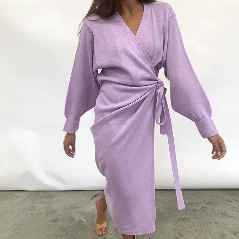 Exclusive Savings long sleeve dressKnitted Women's Wrap Dress with V-Neck