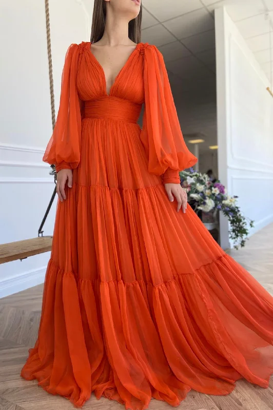 New Deals Stylish V-Neck Long Sleeve Chiffon Floor Length Prom Dress