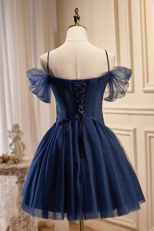 Special Buy Dark Navy Spaghetti Straps V Neck Tulle Short Homecoming Dresses