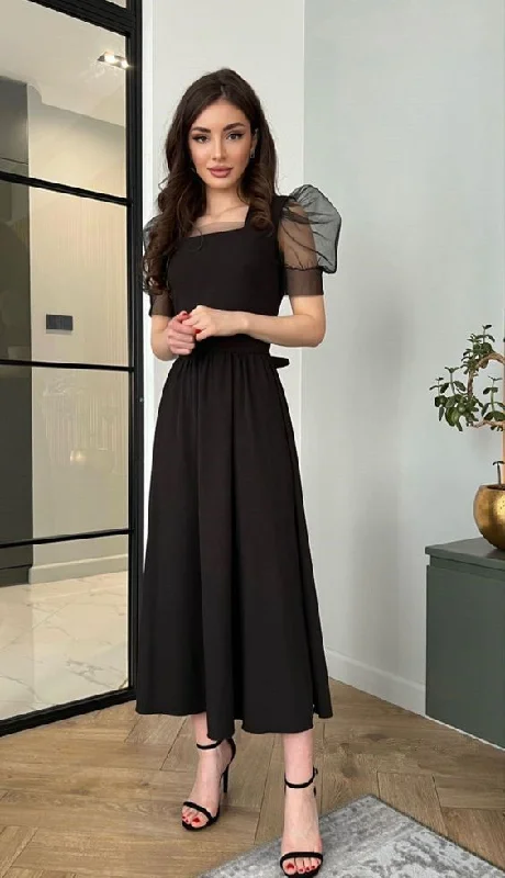 A-Line Puffy Sleeves Evening Dress Black Simple Square Collar Party Gowns For Women Y4558