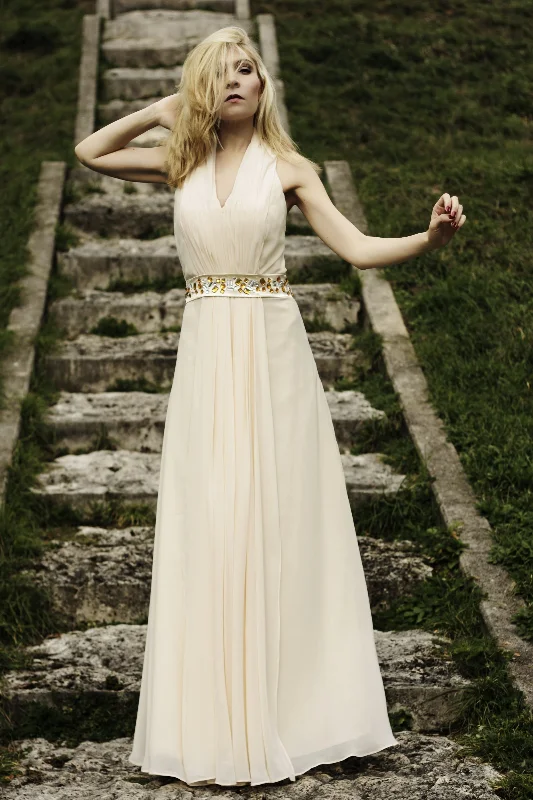 Unbeatable Prices A-line V-neck Halt Floor Length Chiffon Rhinestone Evening Dress