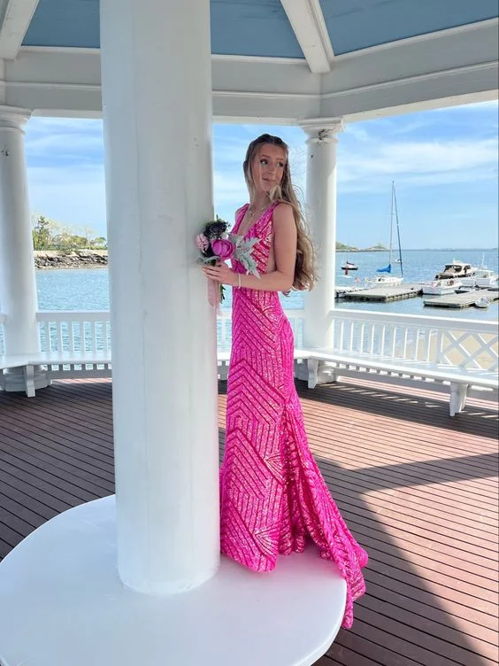 Elegant Hot Pink Sequins Mermaid Long Evening Prom Dresses, Custom Sparkly Prom Dress Y6374