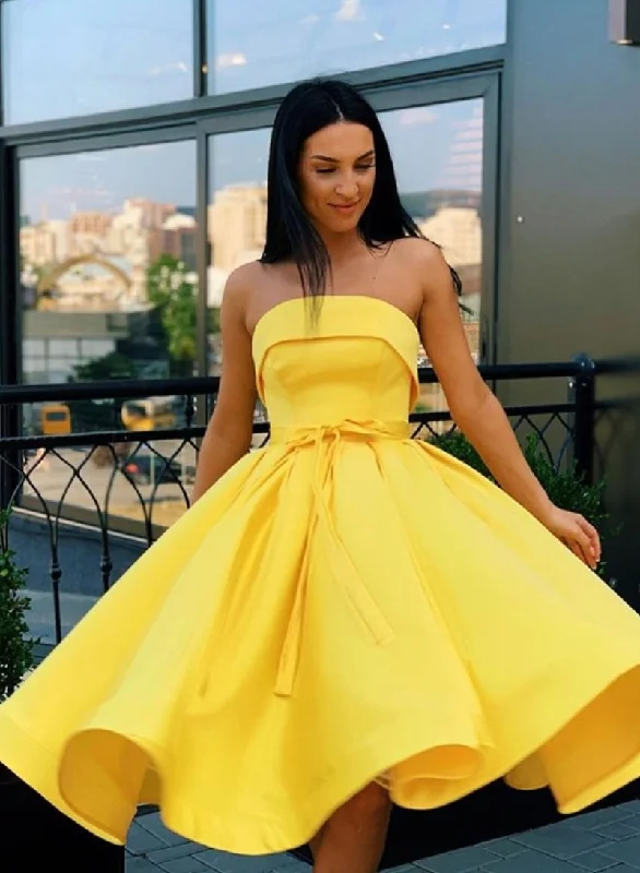 Daily Specials Yellow Strapless Satin Short Prom Dress, A-Line Evening Party Dress