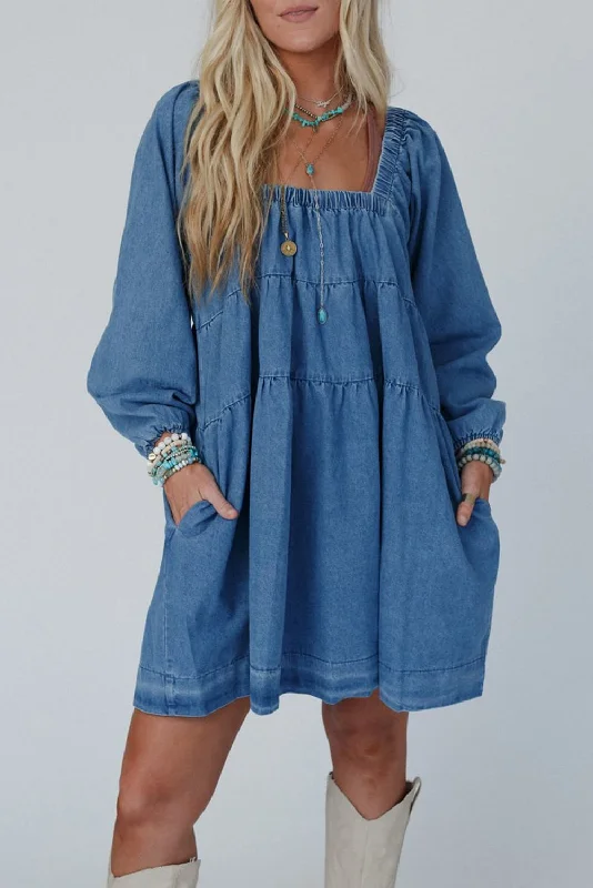 Savings Event Dusk Blue Square Neck Side Pockets Loose Fit Denim Mini Dress