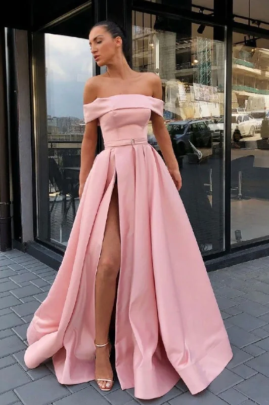 Unbeatable Prices Pink Satin Off the Shoulder Floor Length Prom Dress with Slit