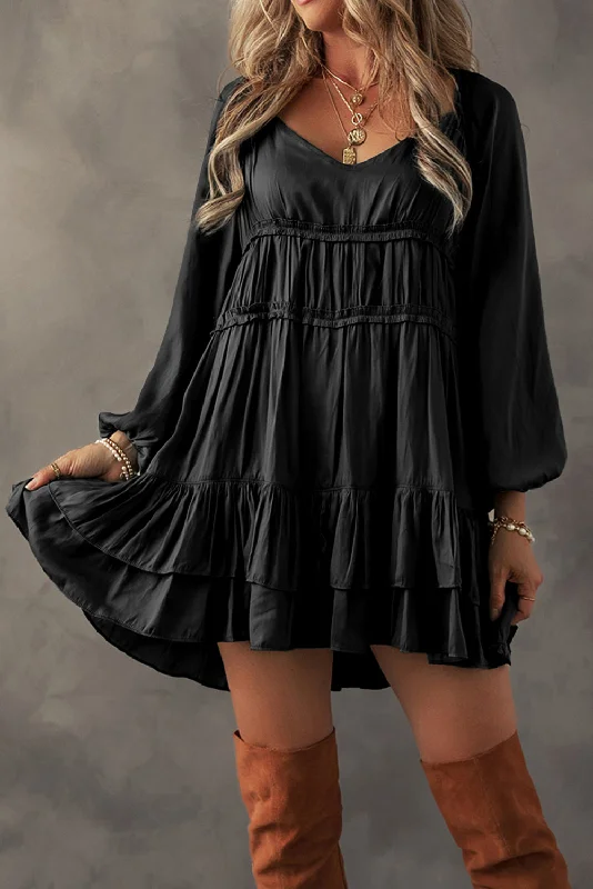 Super Bargain Black Tiered Ruffled Puff Sleeve Loose Fit Mini Dress