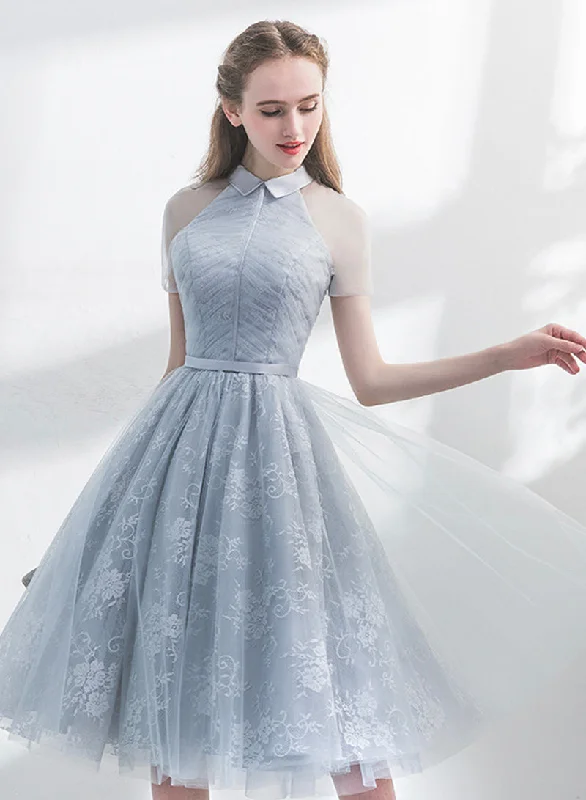Price Cut Gray Tulle Lace Short Prom Dress, Cute A-Line Homecoming Dress