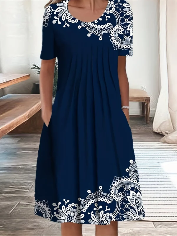 Big Savings Mandala Print Short Sleeve Tucked Dress, Casual Crew Neck Dress