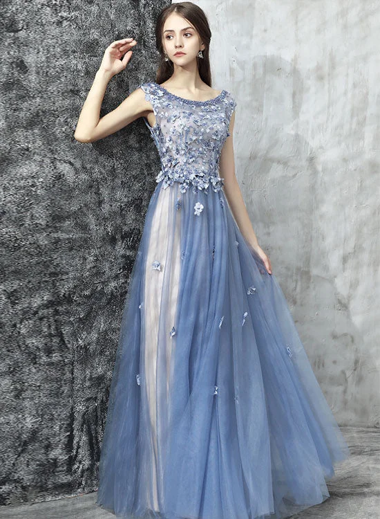 Limited Availability Blue Scoop Neckline Lace Long Prom Dress, Blue A-Line Evening Party Dress