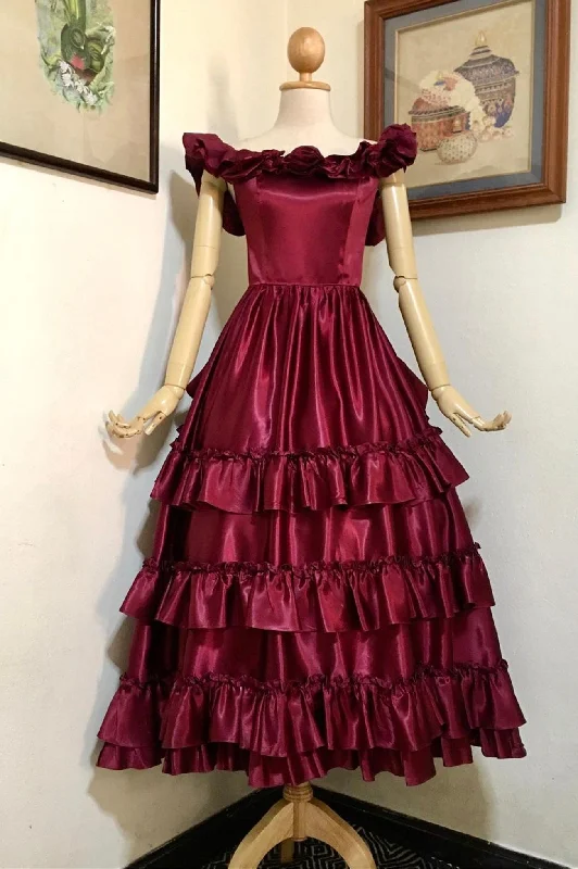 Price Drop Burgundy Satin Off the Shoulder Tea Length Prom Dress