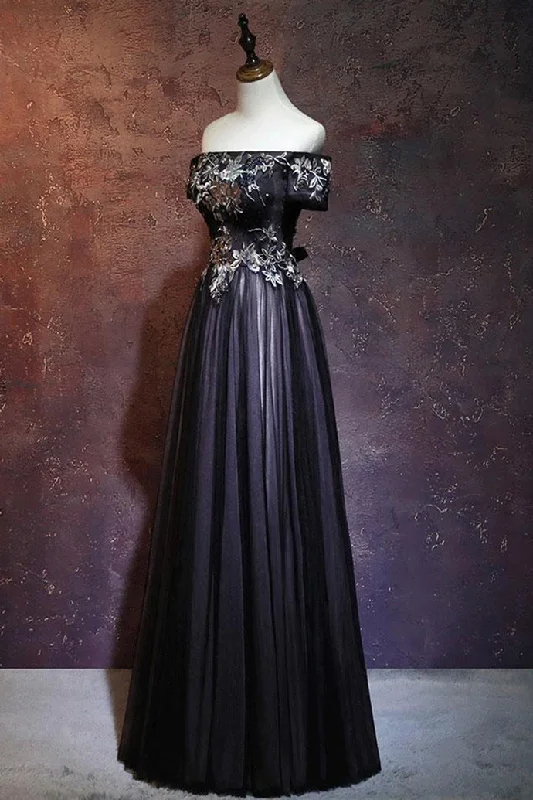 Loyalty Reward Beauty Off The Shoulder Floor Length Lace Up Long Black Prom Dresses With Appliques Loyalty Reward Beauty Off The Shoulder Floor Length Lace Up Long Black Prom Dresses With Appliques