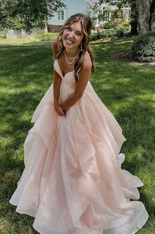 Great Bargains Pink Spaghetti Strap Tulle Long Prom Dress, Beautiful A-Line Evening Party Dress