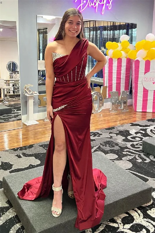 Deep Discounts casual knit dressBurgundy One Shoulder Boning Beaded Satin Long Prom Dress with Slit Y5720 Deep Discounts casual knit dressBurgundy One Shoulder Boning Beaded Satin Long Prom Dress with Slit Y5720