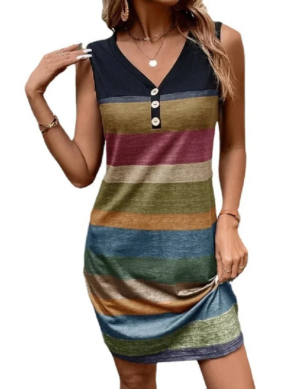 Closeout Striped Print Buttons Loose Pullover Sleeveless Mini Dress