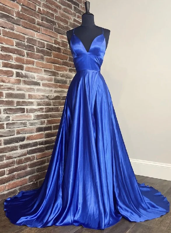 Can't Miss Blue V-Neck Spaghetti Strap Satin Long Prom Dress, Simple Blue Evening Dress Can't Miss Blue V-Neck Spaghetti Strap Satin Long Prom Dress, Simple Blue Evening Dress