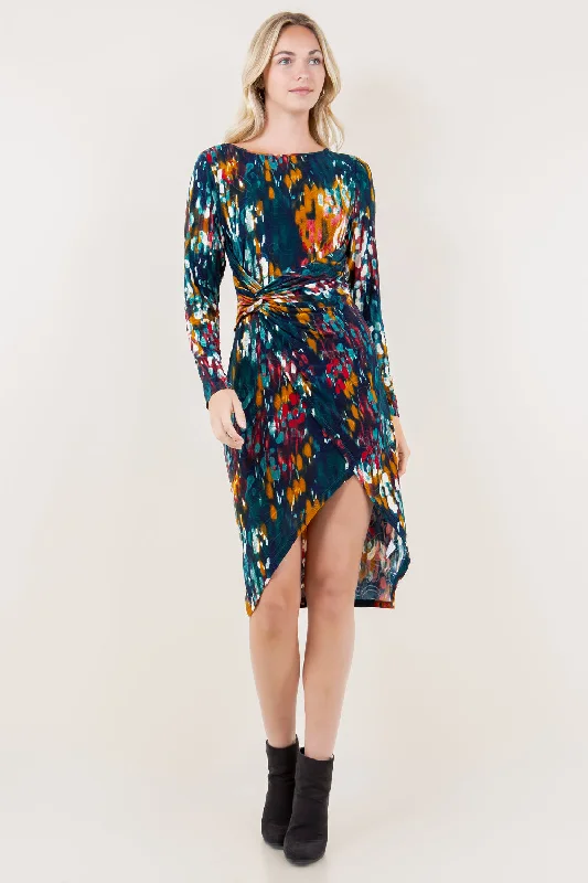 Price Cut midi dressLG SLV RD NK ASY FAUX FITTED DRESS - D3539-A4539