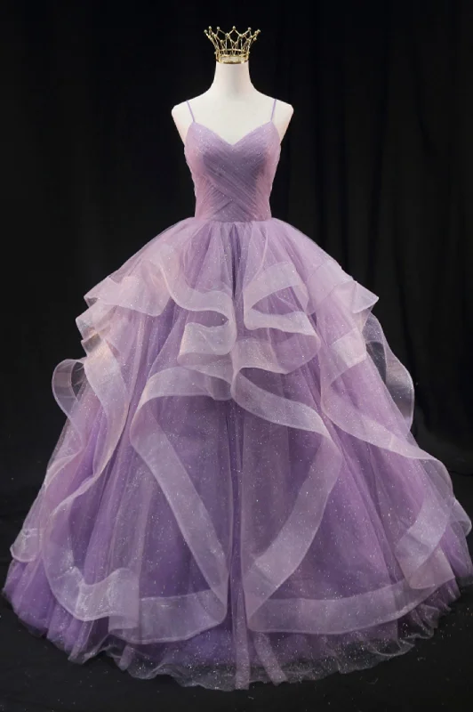 Factory Direct Sale Purple Spaghetti Strap Tulle Long A-Line Ball Gown