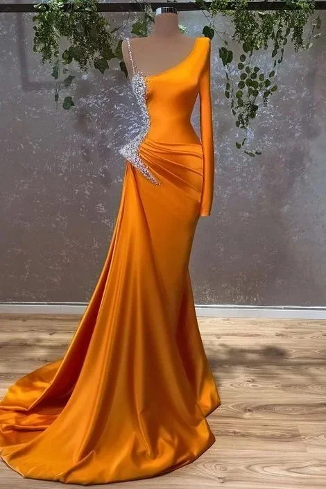 Burnt Orange Long Sleeves Mermaid Prom Dress With Beads Y6634