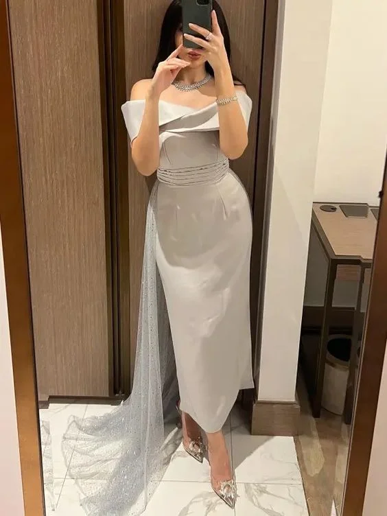 Year-End Clearance satin midi dressElegant Grey Off The Shoulder Prom Dress,Party Gown  Y5826