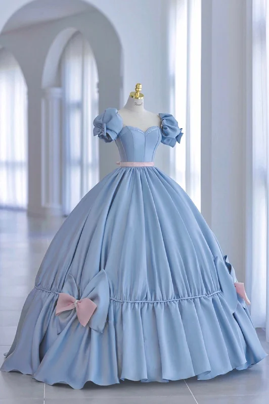 Mega Sale Blue Satin Long Prom Dress, A-Line Short Sleeve Evening Formal Gown