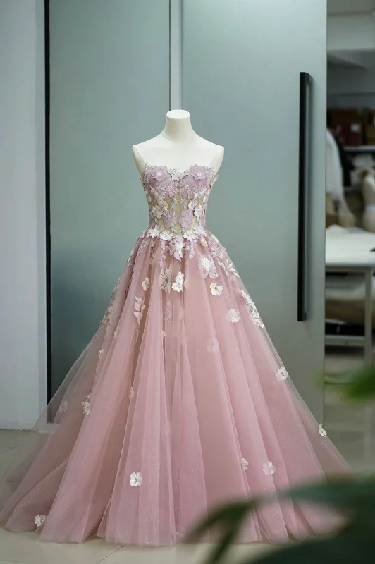 Price Cut Pink Strapless Tulle Lace Long Prom Dress, Beautiful A-Line Sweet 16 Dress Price Cut Pink Strapless Tulle Lace Long Prom Dress, Beautiful A-Line Sweet 16 Dress