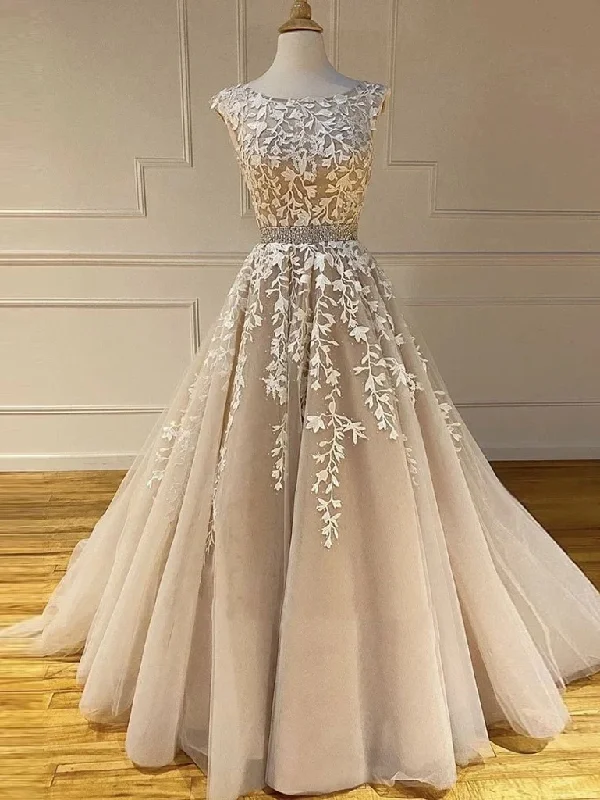 Sneak Peek Sale A-Line Modest Tulle Appliques Chic Scoop Cap Sleeves Long Prom Dress JKZ8714 Sneak Peek Sale A-Line Modest Tulle Appliques Chic Scoop Cap Sleeves Long Prom Dress JKZ8714