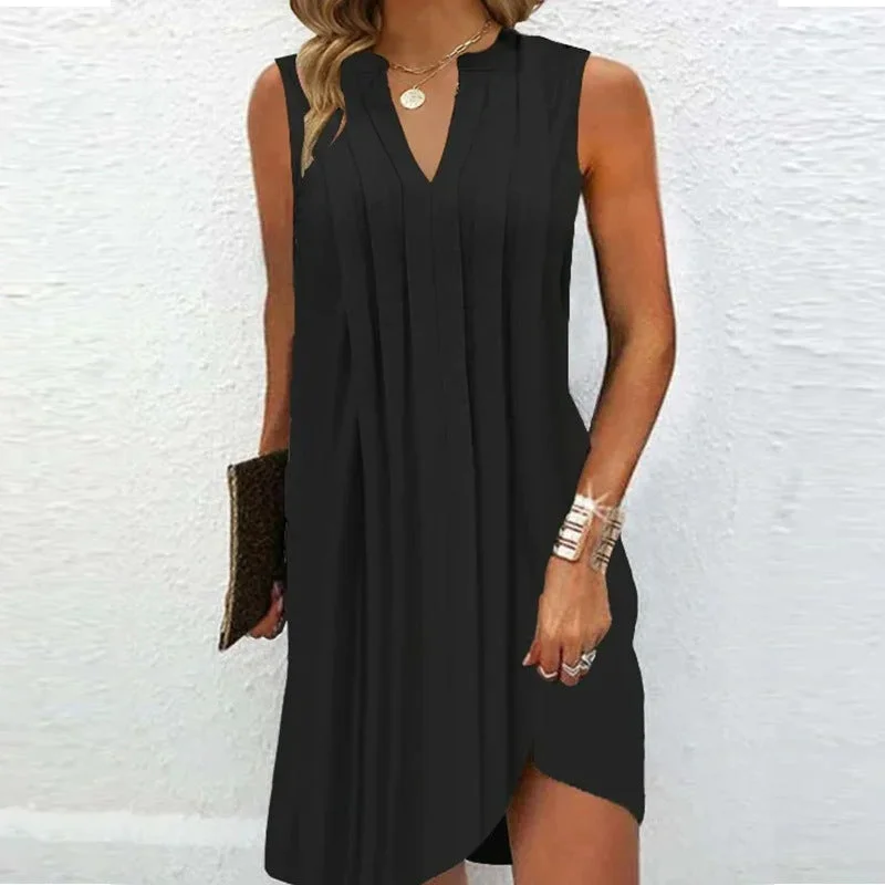Major Savings V Neck Sleeveless Pleated Design Dress