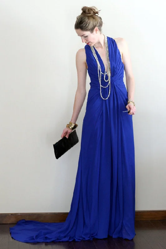Blowout Sale A-line V-neck Halter Floor Length Crossed Back Chiffon Evening Dress