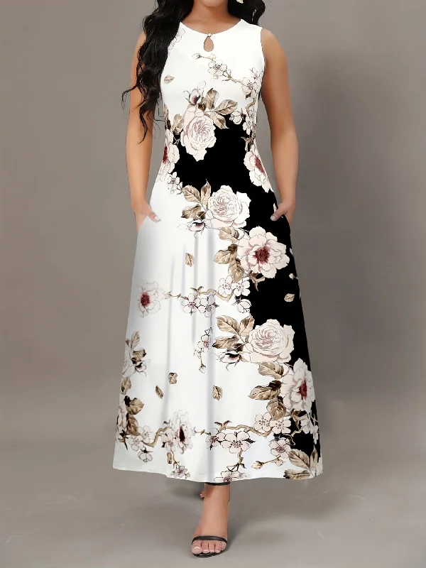 Value Deals Casual Tank Dress, Colorblock Floral Print Cut Out Round Neck Medium Stretch Maxi Tank Dress Value Deals Casual Tank Dress, Colorblock Floral Print Cut Out Round Neck Medium Stretch Maxi Tank Dress