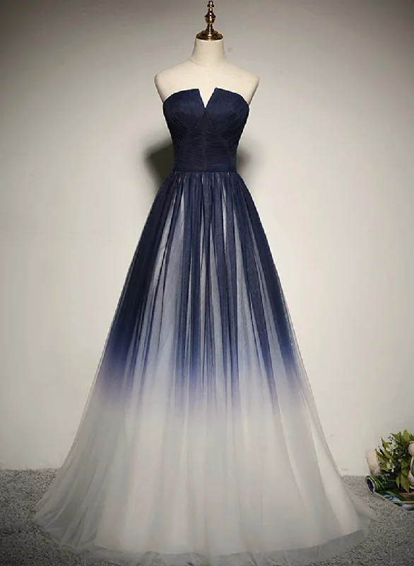 Discount Deals Blue Strapless Ombre Tulle Floor Length Prom Dress