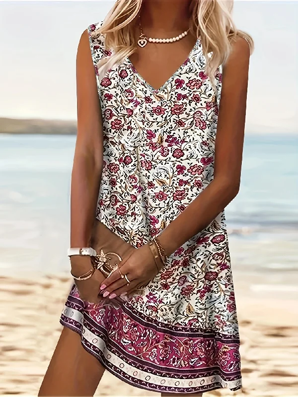 Bargain Blast Floral Print Tank Dress, Casual V Neck Sleeveless Dress