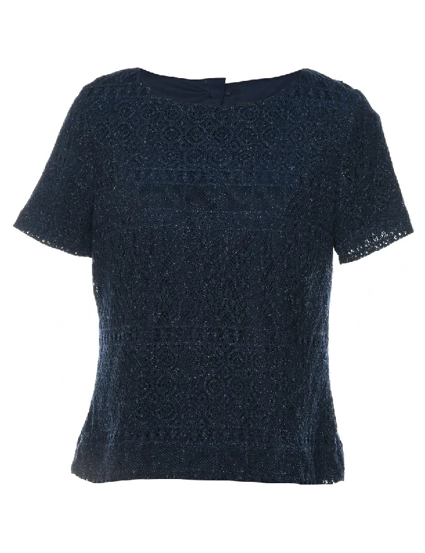 Navy Metallic Finish Lace Evening Top - M