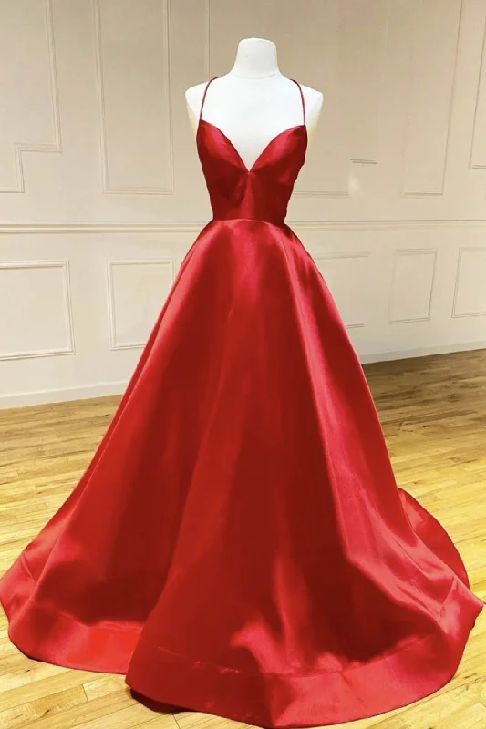 Major Savings Red Satin Long Prom Dress, Simple A-Line Backless Evening Dress