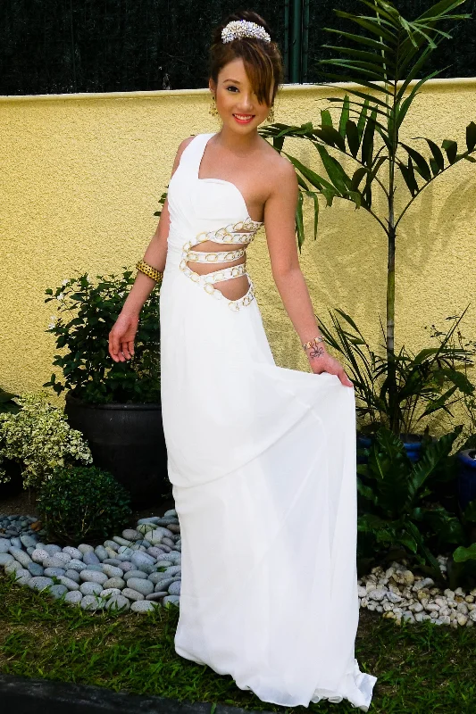 Limited Time Discount A-line One-shoulder Irregular Waist Floor Length Chiffon Metal Ring Evening Dress