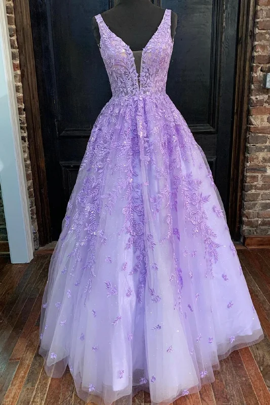 Blowout Sale Purple V-Neck Tulle Lace Long Prom Dress, A-Line Floor Length Evening Dress